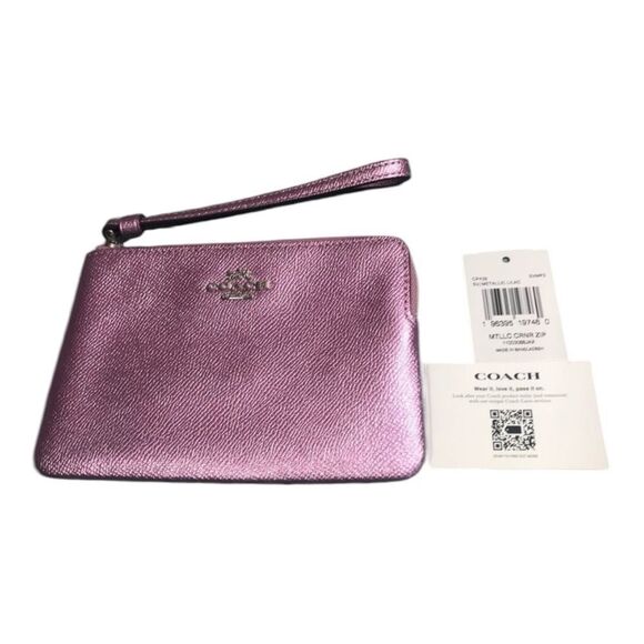 COACH Metallic Pink Textured Crossgrain Leather Corner Zip Wristlet - Picture 2 of 12